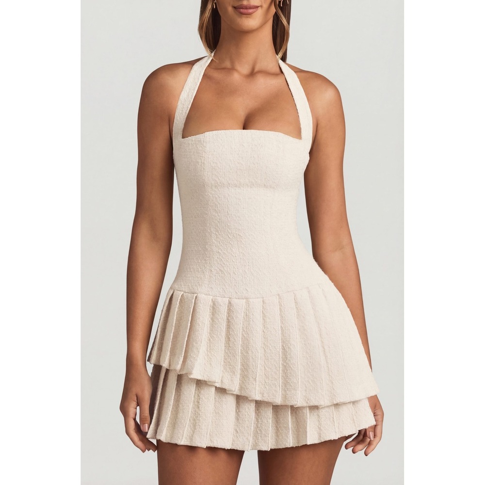 Oh Polly Asymetrical Layered Halterneck Mini Dress Ivory Size 4 New With Tags